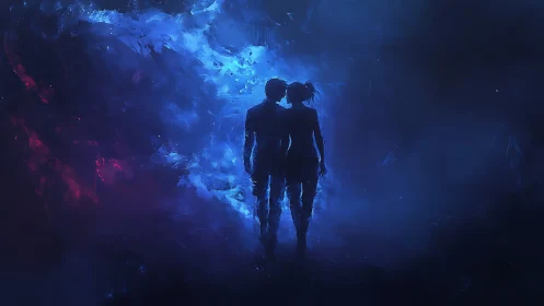 Two Silhouetted Figures Against Radiant Blue Energy.