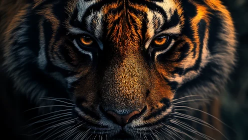 Tiger portrait with dramatic low key lighting and amber gaze.