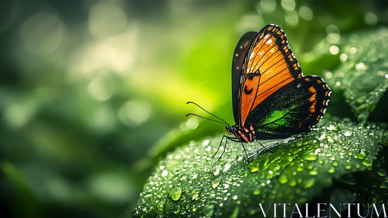 Radiant butterfly rests on dewy green leaf in soft sunlight.