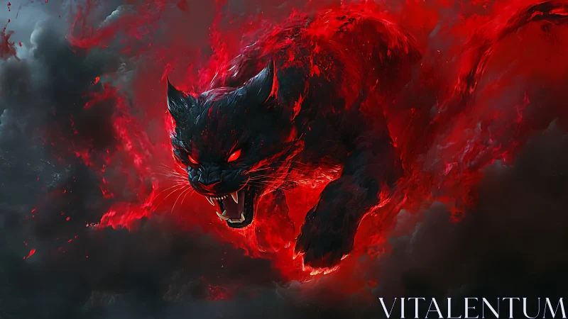 Black feline entity in red fiery cloudlike environment.