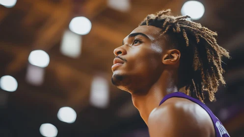 Intense courtside portrait of focused basketball athlete.