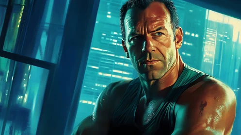 Stoic muscular man in teal-lit futuristic city interior.