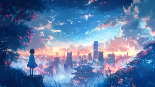 Backlit figure studies neon city skyline under luminous stratiform clouds