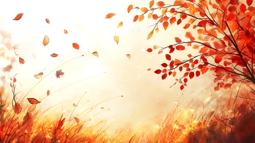 Autumn foliage and grasses in warm backlit landscape scene.