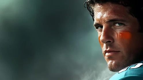 Focused game-time gaze of determined football player.