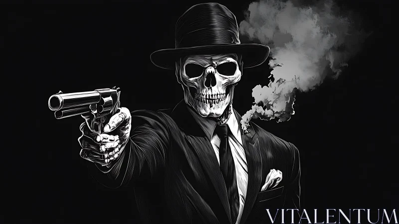 Skeletal noir gunslinger in monochrome ballistic perspective.