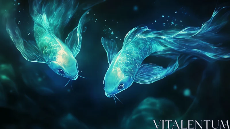 Luminous twin koi swirling through deep teal waters.