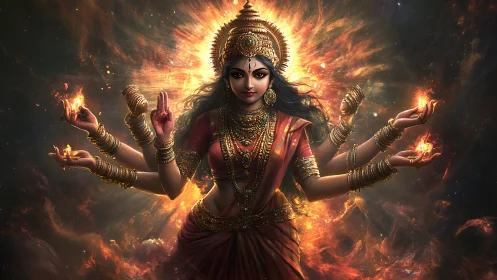 Multi-armed deity figure amid concentric fiery radiance.