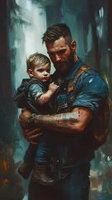 Battle-scarred guardian cradles storm-eyed toddler close.