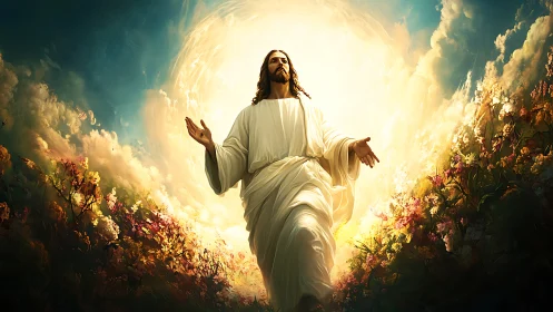 Radiant figure rising through blooming clouds of light.