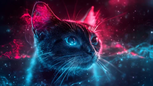 Neon Cat with Glowing Eyes in Digital Light.
