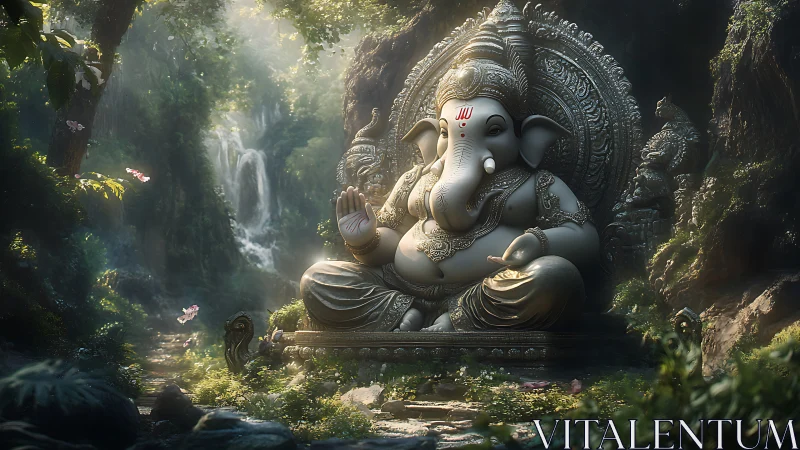 Gentle Ganesha statue rests peacefully in a lush forest shrine