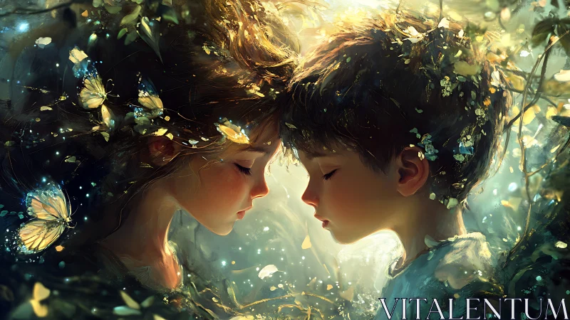 Bilateral Profile Portraiture with Bioluminescent Flora and Lepidoptera Integration