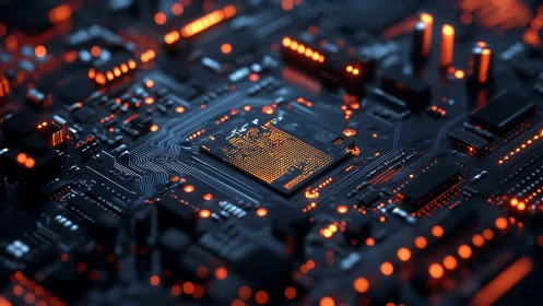 Glowing microprocessor core on dark circuit board surface.