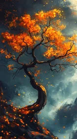 Stormlit ember tree bends skyward in a swirling autumn gale