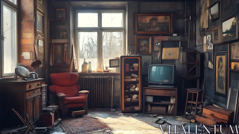 Dusty vintage living room cluttered with old furniture.