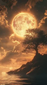 Oversized luminous moon illuminates silhouetted coastal tree at dusk