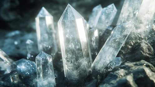 Shimmering crystal cluster rises gently from dark stone