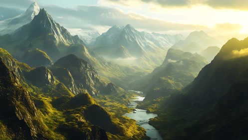 Sunlit green valley between dramatic snow capped peaks.