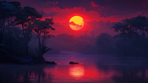 Crimson jungle sunset sinks over tranquil misted river