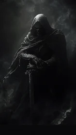 Hooded skeletal wraith grips a broadsword in swirling shadow.