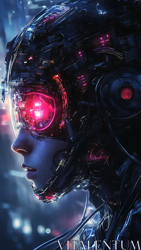Cybernetic human profile with illuminated ocular interface.