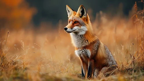 Rust-orange fox holds still while autumn grasses whisper low