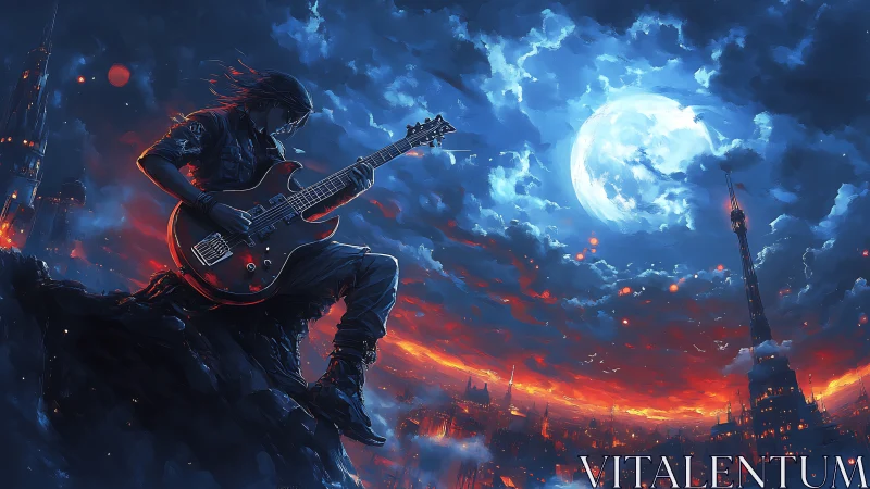 Moonlit rock guitarist ignites a stormlit cyberpunk skyline.