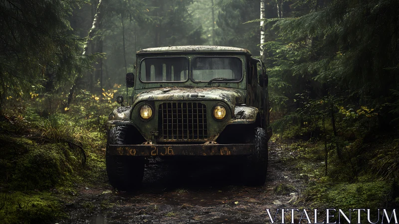 Weathered forest jeep waits patiently on a misty green trail