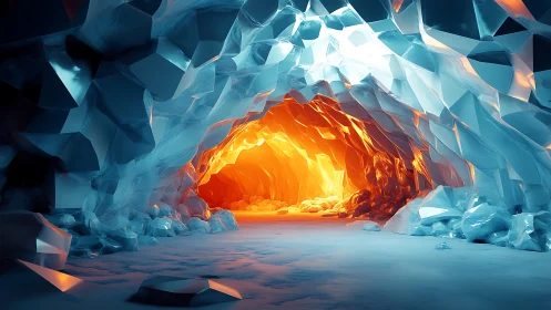Crystal ice tunnel ignites with molten sunrise at its heart.