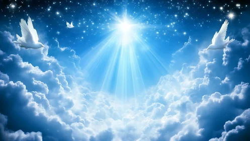 Heavenly doves ascending through radiant celestial light.