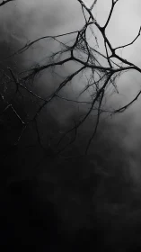 Bare branches cut through mist in stark monochrome silence.