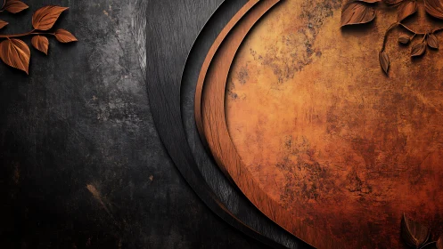 Layered metallic textures with copper leaves on dark background.