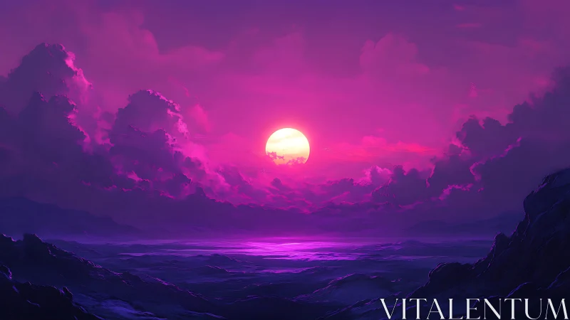 Neon sun sinks through violet storm clouds over sea horizon.