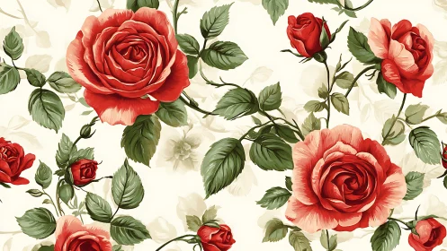 Red and cream roses with foliage on neutral background