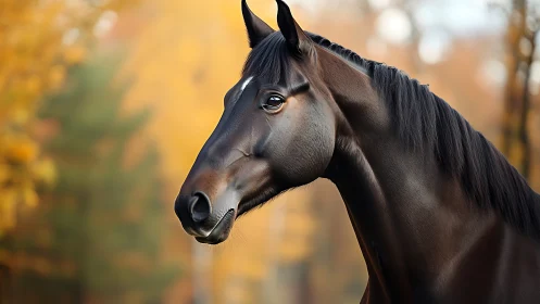 Gentle bay horse in golden autumn forest light.