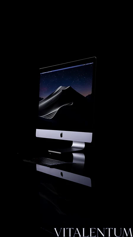 Isolated aluminum desktop workstation with nocturnal display.