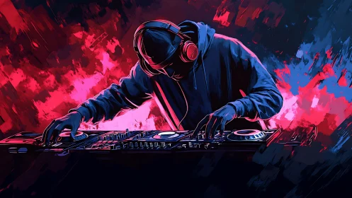 Neon drenched DJ mixing under electric pink soundscapes.