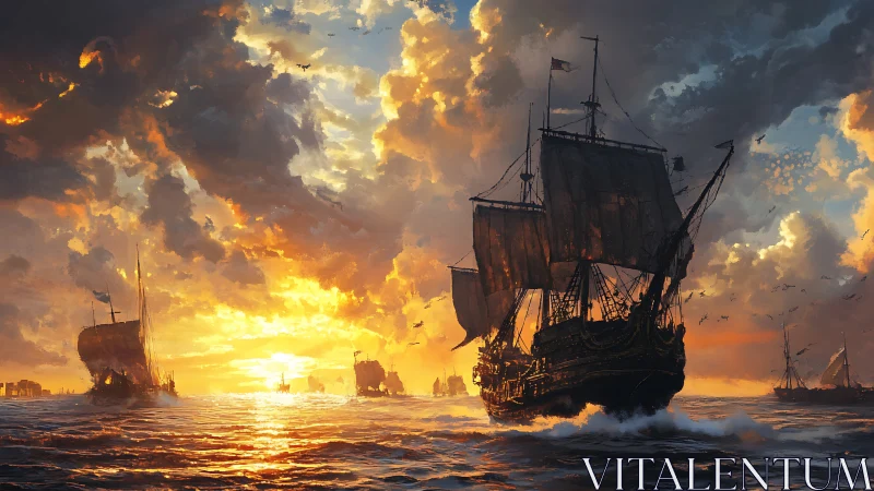 Sunlit galleon convoy cutting through storm-lit horizon.