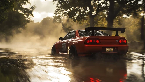 Crimson street racer skims golden road after rainfall.