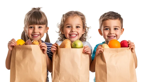 Three Joyful Children Burst From Paper Bags Brimming With Fresh Bounty.