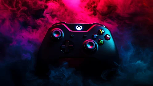 Xbox controller glows amid neon red blue gaming smoke