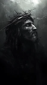 Monochrome digital crucifixion portrait with jagged thorn crown