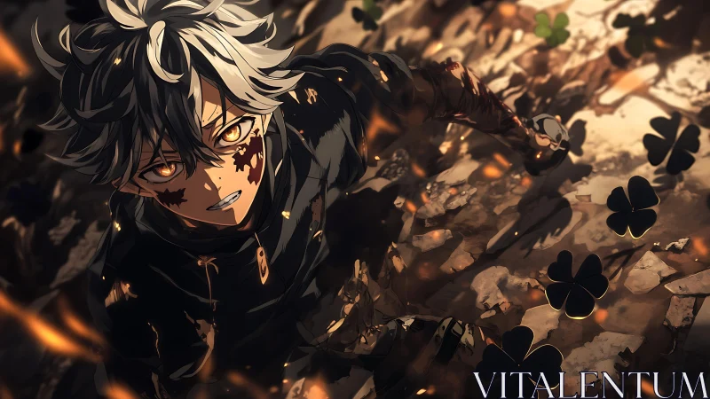 Cinder-eyed fighter among burning clovers and broken earth.