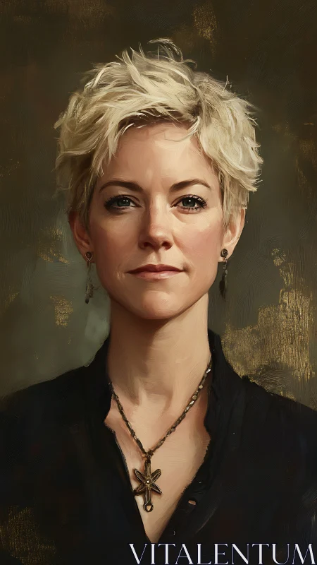 Short haired woman portrait rendered in detailed oil painting