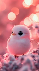Sweet fluffy chick gazes softly amid glowing pink bokeh lights