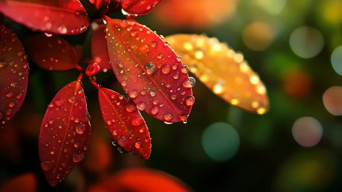 Macro capture isolates red rain-soaked leaves with bokeh highlights