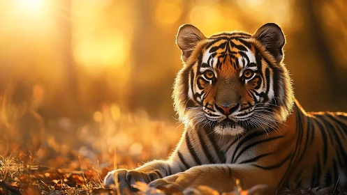 Young tiger lies in warm backlit forest environment
