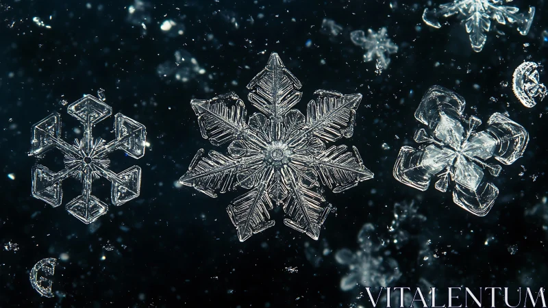 Isolated snowflake macro study on dark unfocused background.
