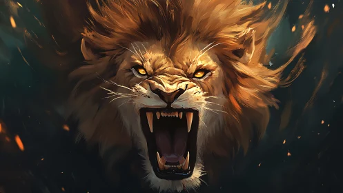 Roaring lion portrait rendered in dynamic digital brushwork
